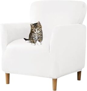 Stretch Chair Covers with Arms 1-Piece Banquet Armchair Slipcover Velvet Mid Century Modern Armchair Slipcover Anti-Slip Furniture Protector for Living Room Friendly for Kids Pets (Off White)