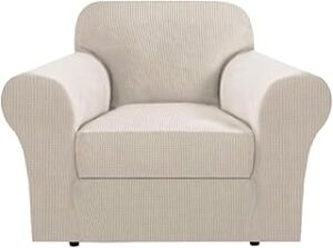 H.VERSAILTEX Stretch Armchair Covers Slipcover 2 Piece Chair Covers for Living Room Furniture Cover Suit for T Cushion/Box Cushion, Jacquard Fabric Small Checks(Armchair-Standard, Island Fossi)