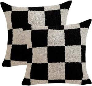 NIDITW Set of 2 Ultra Soft Black Checkerboard Throw Pillow Cover Microfiber Chessboard Gingham Cushion Case Cozy Fuzzy Checkered Pillowcase Decor for Home Sofa Couch 18x18 Inches (1-Black)