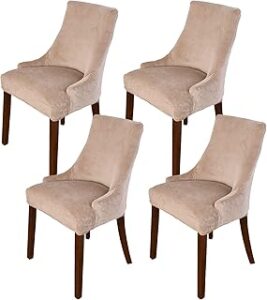 MIFXIN Velvet Wingback Chair Cover Slipcover Stretch Washable Sloping Armchair Dining Chair Protector Seat Cover for Dining Room Banquet Home Party Decor (Set of 4, Khaki)