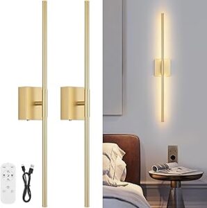 Battery Operated Wall Sconce Set of Two with Remote Control, 3000K-6000K Dimmable Gold Wall Lights, Timable LED Wireless Wall Sconces, 350° Ratate for Bathroom, Living Room, Hallway 29.1 Inch