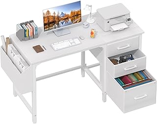 Lufeiya White Desk with Fabric File Drawers Cabinet, 47 Inch Reversible Computer Desk with Filing Cabinet for Bedroom Small Space Home Office, Modern Writing Table PC Desks, White