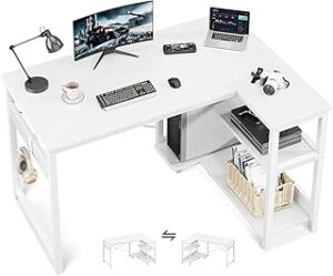 Casaottima L Shaped Computer Desk, 40 Inch Small Corner Desk with Storage Shelves & PC Stand, Reversible Gaming Desk for Bedroom, Modern Writing Study Table for Home Office, White