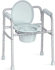 3-in-1 Bedside Commode with Sturdy Dual-Crossbar Support Construction, Stable Commode Toilet with 7.5Qt Bucket, 350 Lbs Bedside Commodes for Seniors, Sliver
