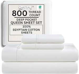 100% Egyptian Cotton Sheets Queen Size Bed Set, Deep Pocket Queen Sheet set, 800 Thread Count Cotton Bed Sheets, Naturally Cool Soft Breathable No Pill Elasticated Luxury White Bedding For All Seasons