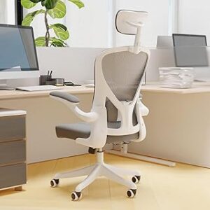 Ergonomic Office Desk Chair, Home Mesh Office Desk Chairs with Wheels, High Back Office Chair with Flip-Armrest & Cushion for Lumbar Support, Office Chair for Study and Work, Gray