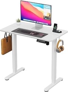 Small Standing Table, 35" ×20" Electric White Standing Desk, Height Adjustable Compact Sit Stand Workstation with Splice Board, Home Office Desk with 2 Hooks