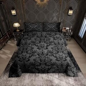 Feelyou Adults Gothic Comforter Set Queen Size Dark Olive Green Damask Comforter Death Moth Bohemia Boho Bedding Set Goth Skull Duvet Set Vintage Victorian Baroque Floral Quilt Set 3Pcs