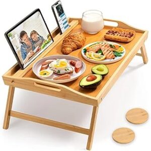 Bed Tray Eating with 2 Coasters - Large Natural Bamboo Breakfast Bed Tray for Laptops 17.3 Inches, Ideal for Food and Drinks