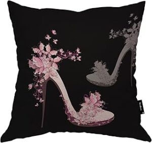 High Heel Decor Throw Pillow Covers Cotton Linen, Beautiful Woman High Heel Shoes with Butterflies Pink Standard Cushion Cover Soft Pillowcases Covers for Home Sofa Armchair Bedroom 18x18 Inch