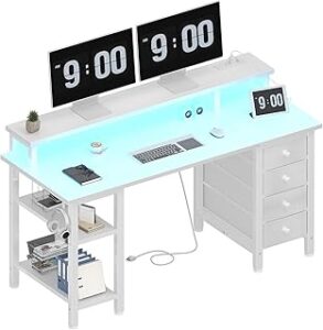 Lufeiya White Desk with Monitor Stand LED Lights and Power Outlets, 47 inch Home Office Computer Gaming Desks with Fabric Drawers and Storage Shelves, White