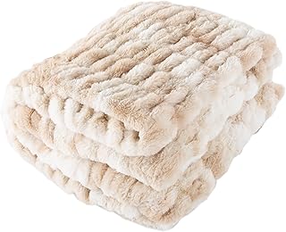 Oversized Ruched Faux Fur Blanket - 60x80-Inch Jacquard Faux Fur Queen-Size Throw for Sofas and Beds - Luxurious Bedding by Lavish Home (Cream)
