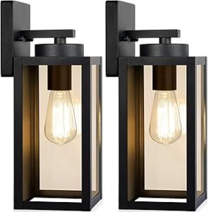 Outdoor Wall Light Fixtures, Exterior Waterproof Lanterns, Porch Sconces Wall Mounted Lighting with E26 Sockets & Glass Shades, Modern Matte Black Wall Lamps for Patio Front Door Entryway, 2-Pack