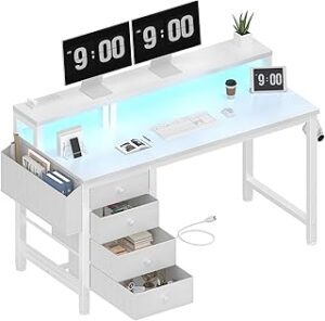 Lufeiya White Desk with 4 Drawers - 47 inch Gaming Desk with Monitor Stand, Reversible Computer Gaming Table with LED Lights Power Outlets and Storage Bag Fabric Drawer for Home Office, Bedroom, White