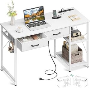 Coleshome Laptop Desk, 40 Inch Small Computer Desk With Drawers & Power Outlet for Bedroom, Home Office With Storage Shelves, Reversible Study Table Vanity for Small Spaces, White