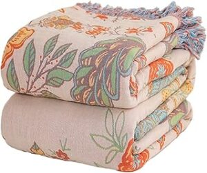Summer Boho Throw Blankets for Bed Couch, 100% Soft Cozy Cotton Blanket Rustic Quilt 60"x80",Lightweight Reversible Muslin Farmhouse Decor Blankets for Armchair,Picnic,Sofa,Couch