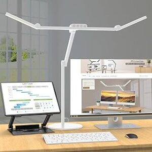 Micomlan Led Desk Lamp with Atmosphere Lighting, Rotatable Tall Architect Desk Lamp for Home Office with Swing Arm, 24W Bright Auto Dimming Adjustable Computer Light with Base for Table