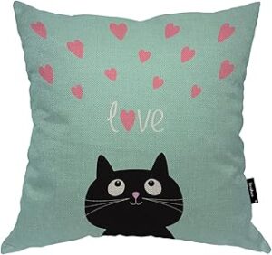 Black Cat Decor Throw Pillow Covers Cotton Linen, Cartoon Kitten Cat Love Heart Standard Cushion Cover Soft Pillowcases Covers for Home Sofa Armchair Bedroom 18x18 Inch