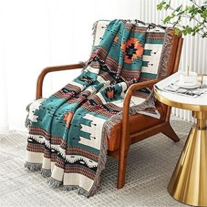 Homesy Boho Throw Blankets Southwestern Bed Throws Cover Reversible Green Aztec Southwest Blanket for Couch Chair Sofa Home Outdoor Beach Car Tent Travel Camping 63"x87"