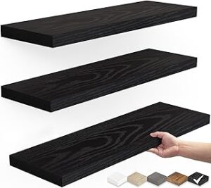 BAYKA Floating Shelves for Wall, Wall Mounted Rustic Wood Shelves for Bathroom, Bedroom, Living Room, Kitchen, Hanging Shelf for Books/Storage/Room Decor with 22lbs Capacity (Black, Set of 3, 15.7in)