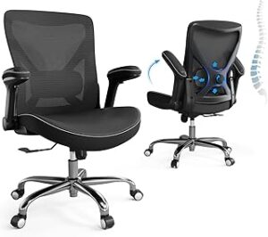 Home Office Ergonomic Chair-Computer PU Leather X-Shaped Desk Chair-Gaming Chair with Adjustable Flip-up Armrests Lumbar Support Mesh Executive Chair for Long Hours Office (Black)