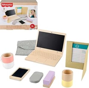Fisher-Price Wood Pretend Play Work from Home Set, 9-Piece Office Playset with Wooden Toy Laptop & Phone for Preschool Kids Ages 3+ Years