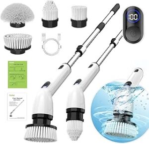 TUYU Electric Spin Scrubber, Full-Body IPX7 Waterproof Bathroom Scrubber with Power LCD Display, Adjustable Extension Handle, Cordless Shower Cleaner Brush for Bathtub Kitchen Wall Cleaning