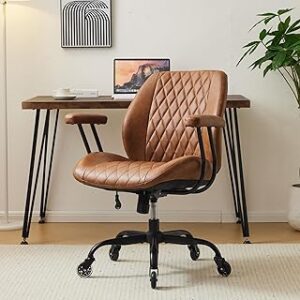 Home Office Desk Chair Office Rubber Casters Ergonomic Computer Chair with Lumbar Support Adjustable Height Rolling Swivel Executive Task Armrests Chair， Brown Leather
