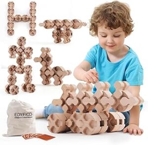 THS102, Toddler Toys, Wooden Building Blocks, Montessori Toys, 50Pcs Stacking Blocks, Durable & Safe Wood, STEM Toy with Canvas Bag & Parent-Child Cards, for Home, School, Travel, Outdoor Fun