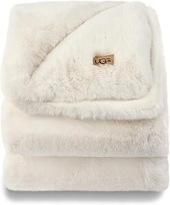 UGG Euphoria Plush Faux Fur Throw Blanket Medium Weight Reversible Luxury Soft Throw for Couch Bed or Chair Hypoallergenic Machine Washable Home Decor Fluffy Blanket, 50-inch x 70-inch, White Snow