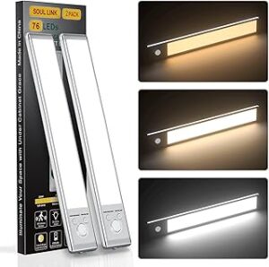 Under Cabinet Lights,76 LED Operated Motion Sensor Light Indoor,1500mAh USB Rechargeable Closet Lights, 2 Pack Magnetic Dimmable Closet Lights，Wireless Under Counter Lights for Kitchen, Stairs