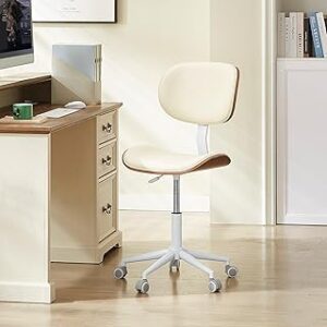 Bestier Home Office Chair with Bentwood Back Support, Armless Desk Chair with 360° Swivel, Height Adjustable Computer Chair with Wheels, PU Leather Modern Chair for Office, Small Space, White