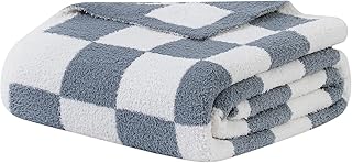 bearberry Fuzzy Checkerboard Grid Throw Blanket Knitted Soft Cozy Warm Microfiber Blanket Decor for Couch Sofa Bed Travel Home (Charcoal Grey, 50''x60'')