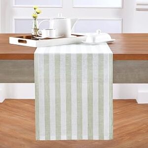 Solino Home Linen Table Runner 90 Inches Long - Sorrento Stripe, 100% Pure Linen Sage and White Farmhouse Table Runner 14 x 90 Inch for Dining, Summer
