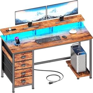 Furologee 47 Inch Computer Desk Gaming Table with 4 Fabric Drawers with Power Outlets and LED Lights for Home Office with Full Monitor Stand and Shelf Study Table for Small Spaces Rustic Brown