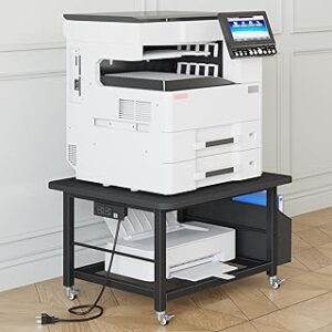 23.6"×23.6" Large Priner Stand with Power Outlet, Heavy Duty Printer Cart with Storage Side Pocket, Printer Table for Home Office 3D/ Laser/Heat Press Table, Black