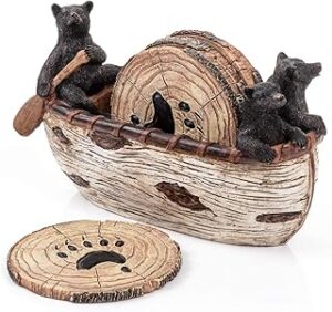 Bear Coasters Set of 6 Full Size Rustic Coasters in Handmade Canoe with Adorable Black Bear Figurines | Black Bear Log Cabin Decorations, Rustic Lodge Decor for The Home