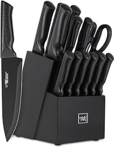 Knife Set, 15 Pcs Kitchen Knife Set with Block Self Sharpening, Dishwasher Safe, 6 Steak Knives, Anti-slip handle, Black