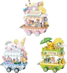 MEIEST 3 Packs Food Stand Cart Building Block Set,Street View Collection Particle Construction Building Bricks Toy,Home Decoration
