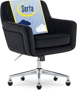 Serta Ashleigh Modern Office Chair, Diamond-Tufted Design, Pocket Coil Seat Cushion, Stylish Mid-Century Accent Armchair, Women's Vanity or MakeupChair, Chrome Swivel Base, Black Velvet Fabric