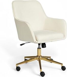 Martha Stewart Rayna Swivel Task Chair with Flared Arms for Home Office in Off White Fabric with Polished Brass Frame