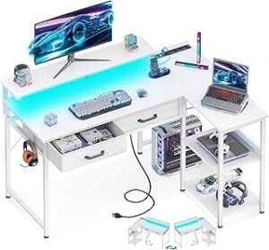 Coleshome 40 Inch L Shaped Gaming Desk with 2 Drawers & Storage Shelves, Computer Desk with USB Ports, Study Writing Table for Bedroom, Simple Modern Laptop Desk for Home Office, White