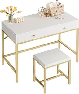 SUPERJARE 31.5" White and Gold Desk with 2 Drawers, Modern Makeup Vanity with Padded Stool, Small Computer Desk Home Office Desk for Writing Study Bedroom
