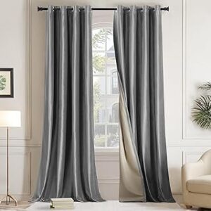 GIGIZAZA 100% Blackout Gray Velvet Curtains 84 Inch Long 2 Panels for Living Room, Thermal Window Drapes Lining Insulated Luxury Curtain for Darkening Bedroom