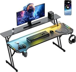 47 Inch Gaming Desk, Smart Computer Gamer Desk with LED Lights & Mouse Pad, Gaming Table with Power Outlet, Monitor Stand, Side Hook, Ergonomic Work Desks for Home Office, Carbon Fiber Black