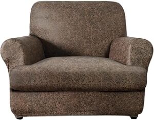 molasofa Leather Look T-Cushion Chair Slipcover with 1 Individual Shape Seat Cover for Home Décor, 2 Pieces - Stretchable, Washable, Non-Pilling, Non-Slip Chair Cover (Armchair, 04 Brown)