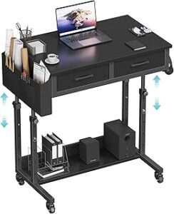 Small Portable Rolling Standing Desk - 32 Inch Adjustable Mobile Teacher Stand Up Desks with 2 Fabric Drawers on Wheels for Classroom, Couch Sofa Side Laptop Table with Storage for Home Office, Black