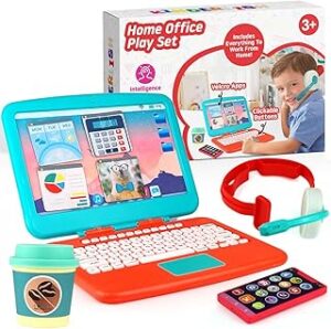 Toddler Pretend Work Station Set - Office Play, Kids Work Toys from Home Office, Package Includes Fake Laptop, 4 Velcro App Stickers, Toy Cell Phone, Coffee Cup, and Headset Ages 3 & Up
