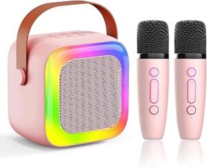 Mini Karaoke Machine for Kids Teen Adults, Kids Karaoke Machine with 2 Wireless Microphones and LED Lights Toys for Party, Home, Gifts for 4 5 6 7 8 9 10 11 12+ Years Girls Boys(Pink)