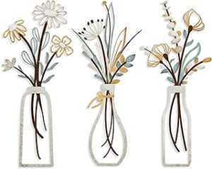 Pigort 3 Pieces Metal Flowers Wall Arts - Rustic Farmhouse Decor Beige Minimalist Flower Wall Decors for Living room Bathroom Bedroom Dining Room-Housewarming Gifts (Beige, Vase-C)
